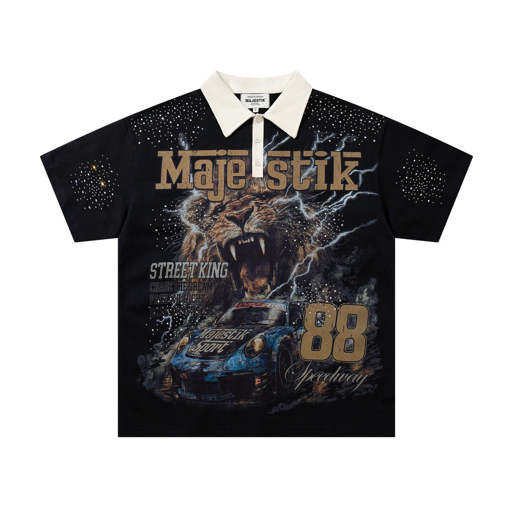 MAJESTIK Black Racing Graphic Polo Shirt