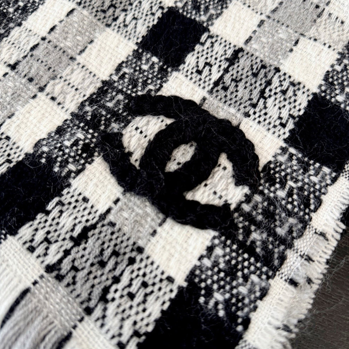 Chanel Black and White Plaid Fringed Scarf